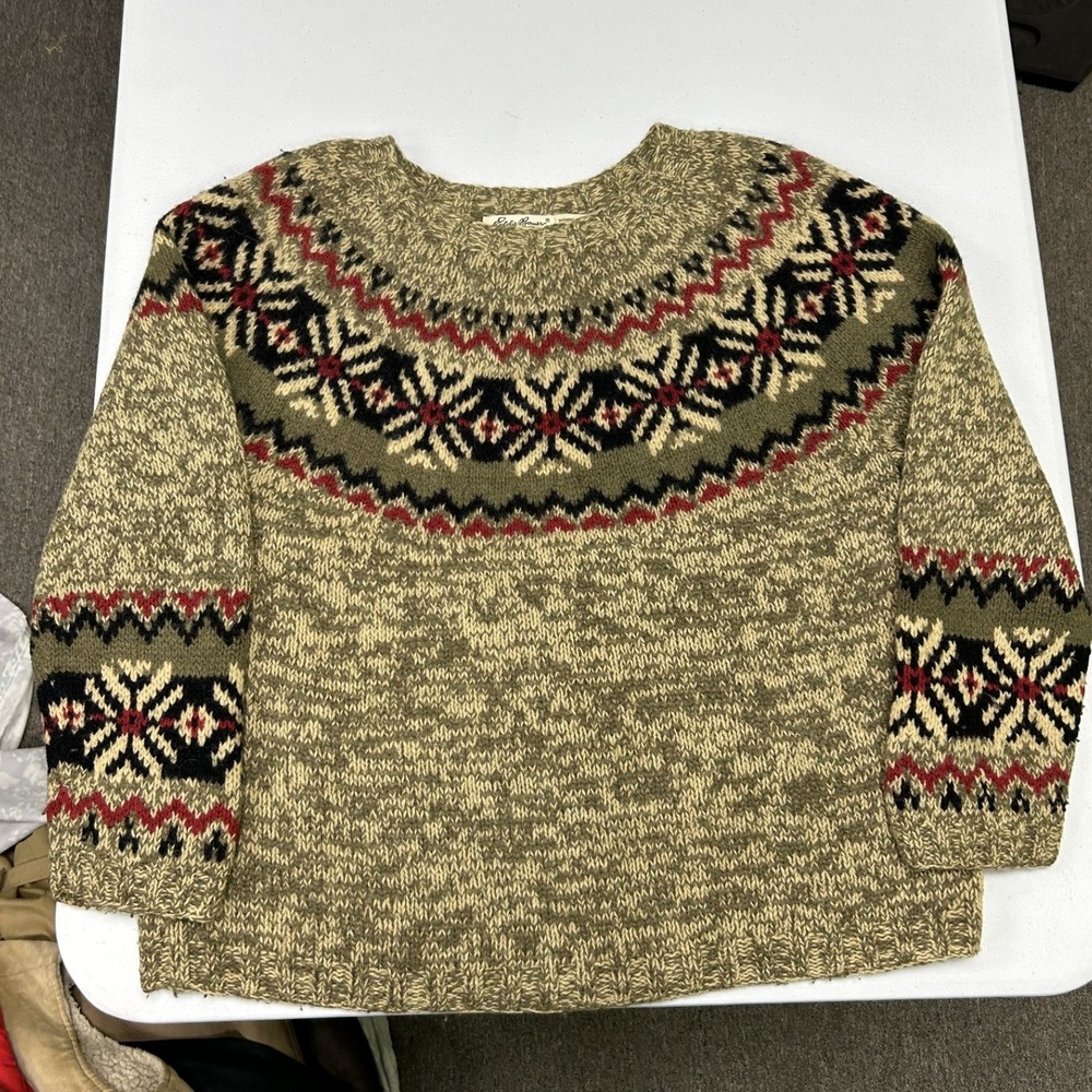 Eddie Bauer Sweater Womens Medium Green Fair Isle Wool Blend Pullover A5